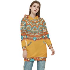 Mandala Orange Women s Long Oversized Pullover Hoodie