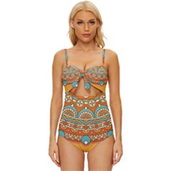 Mandala Orange Knot Front One-piece Swimsuit by goljakoff