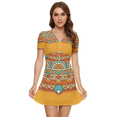 Mandala Orange V-neck High Waist Chiffon Mini Dress by goljakoff