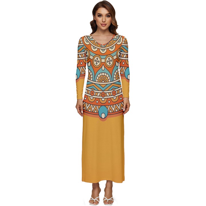 Mandala orange Long Sleeve Longline Maxi Dress