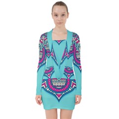 Mandala Blue V-neck Bodycon Long Sleeve Dress by goljakoff