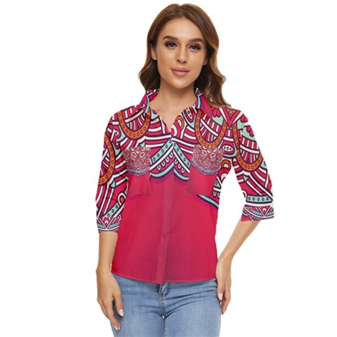 Mandala Red Women s Quarter Sleeve Pocket Shirt by goljakoff