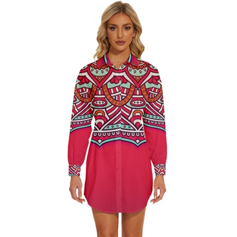 Mandala Red Womens Long Sleeve Shirt Dress by goljakoff