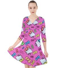 Hello Kitty, Cute, Pattern Quarter Sleeve Front Wrap Dress by nateshop