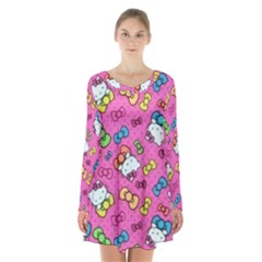 Hello Kitty, Cute, Pattern Long Sleeve Velvet V-neck Dress