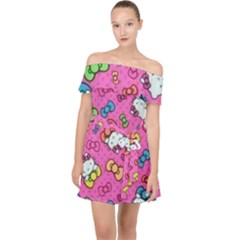 Hello Kitty, Cute, Pattern Off Shoulder Chiffon Dress by nateshop