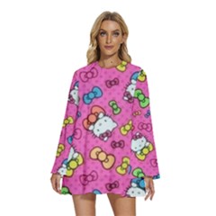 Hello Kitty, Cute, Pattern Round Neck Long Sleeve Bohemian Style Chiffon Mini Dress