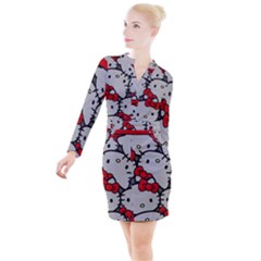 Hello Kitty, Pattern, Red Button Long Sleeve Dress by nateshop