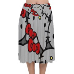 Hello Kitty, Pattern, Red Velvet Flared Midi Skirt