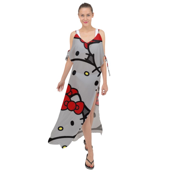 Hello Kitty, Pattern, Red Maxi Chiffon Cover Up Dress