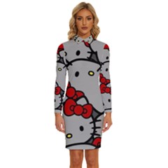 Hello Kitty, Pattern, Red Long Sleeve Shirt Collar Bodycon Dress