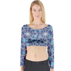 Islamic Ornament Texture, Texture With Stars, Blue Ornament Texture Long Sleeve Crop Top by nateshop