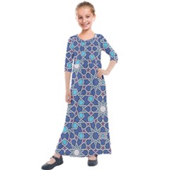 Islamic Ornament Texture, Texture With Stars, Blue Ornament Texture Kids  Quarter Sleeve Maxi Dress by nateshop