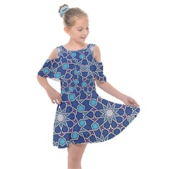 Islamic Ornament Texture, Texture With Stars, Blue Ornament Texture Kids  Shoulder Cutout Chiffon Dress by nateshop