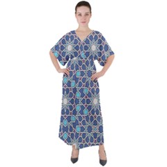 Islamic Ornament Texture, Texture With Stars, Blue Ornament Texture V-neck Boho Style Maxi Dress