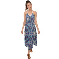 Islamic Ornament Texture, Texture With Stars, Blue Ornament Texture Halter Tie Back Dress 