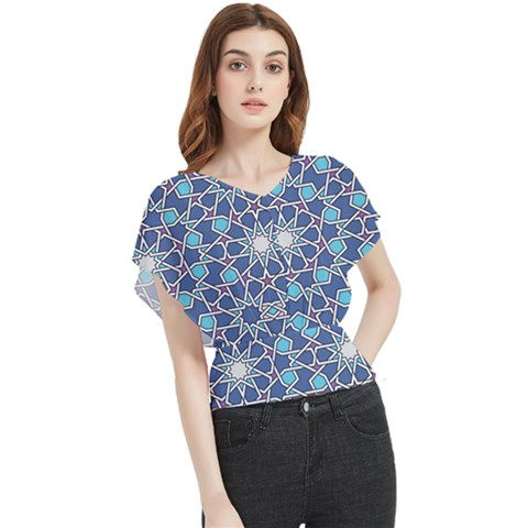 Islamic Ornament Texture, Texture With Stars, Blue Ornament Texture Butterfly Chiffon Blouse by nateshop