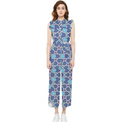 Islamic Ornament Texture, Texture With Stars, Blue Ornament Texture Women s Frill Top Chiffon Jumpsuit by nateshop