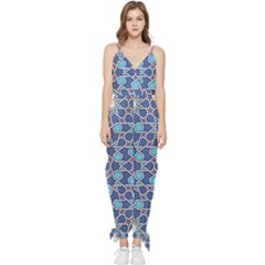 Islamic Ornament Texture, Texture With Stars, Blue Ornament Texture Sleeveless Tie Ankle Chiffon Jumpsuit by nateshop