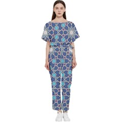 Islamic Ornament Texture, Texture With Stars, Blue Ornament Texture Batwing Lightweight Chiffon Jumpsuit by nateshop