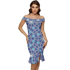 Islamic Ornament Texture, Texture With Stars, Blue Ornament Texture Off Shoulder Ruffle Split Hem Bodycon Dress by nateshop