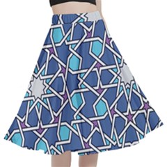 Islamic Ornament Texture, Texture With Stars, Blue Ornament Texture A-line Full Circle Midi Skirt With Pocket