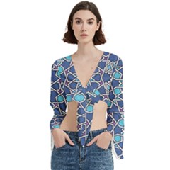 Islamic Ornament Texture, Texture With Stars, Blue Ornament Texture Trumpet Sleeve Cropped Top