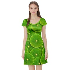 Lime Textures Macro, Tropical Fruits, Citrus Fruits, Green Lemon Texture Short Sleeve Skater Dress by nateshop