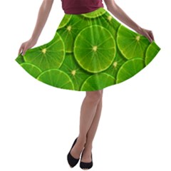 Lime Textures Macro, Tropical Fruits, Citrus Fruits, Green Lemon Texture A-line Skater Skirt by nateshop