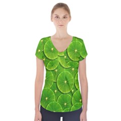 Lime Textures Macro, Tropical Fruits, Citrus Fruits, Green Lemon Texture Short Sleeve Front Detail Top by nateshop