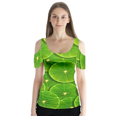 Lime Textures Macro, Tropical Fruits, Citrus Fruits, Green Lemon Texture Butterfly Sleeve Cutout T-shirt  by nateshop