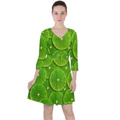 Lime Textures Macro, Tropical Fruits, Citrus Fruits, Green Lemon Texture Quarter Sleeve Ruffle Waist Dress by nateshop