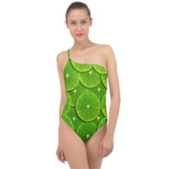 Lime Textures Macro, Tropical Fruits, Citrus Fruits, Green Lemon Texture Classic One Shoulder Swimsuit by nateshop