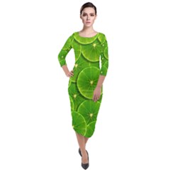 Lime Textures Macro, Tropical Fruits, Citrus Fruits, Green Lemon Texture Quarter Sleeve Midi Velour Bodycon Dress by nateshop