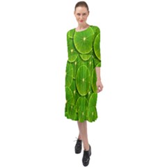 Lime Textures Macro, Tropical Fruits, Citrus Fruits, Green Lemon Texture Ruffle End Midi Chiffon Dress by nateshop