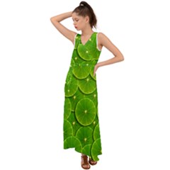 Lime Textures Macro, Tropical Fruits, Citrus Fruits, Green Lemon Texture V-neck Chiffon Maxi Dress by nateshop