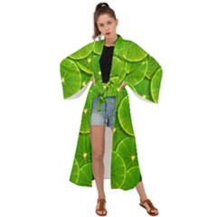 Lime Textures Macro, Tropical Fruits, Citrus Fruits, Green Lemon Texture Maxi Kimono by nateshop