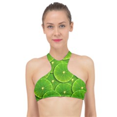 Lime Textures Macro, Tropical Fruits, Citrus Fruits, Green Lemon Texture High Neck Bikini Top by nateshop