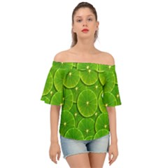 Lime Textures Macro, Tropical Fruits, Citrus Fruits, Green Lemon Texture Off Shoulder Short Sleeve Top by nateshop