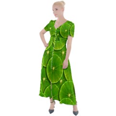 Lime Textures Macro, Tropical Fruits, Citrus Fruits, Green Lemon Texture Button Up Short Sleeve Maxi Dress by nateshop