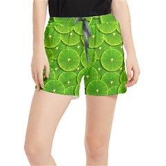 Lime Textures Macro, Tropical Fruits, Citrus Fruits, Green Lemon Texture Women s Runner Shorts by nateshop