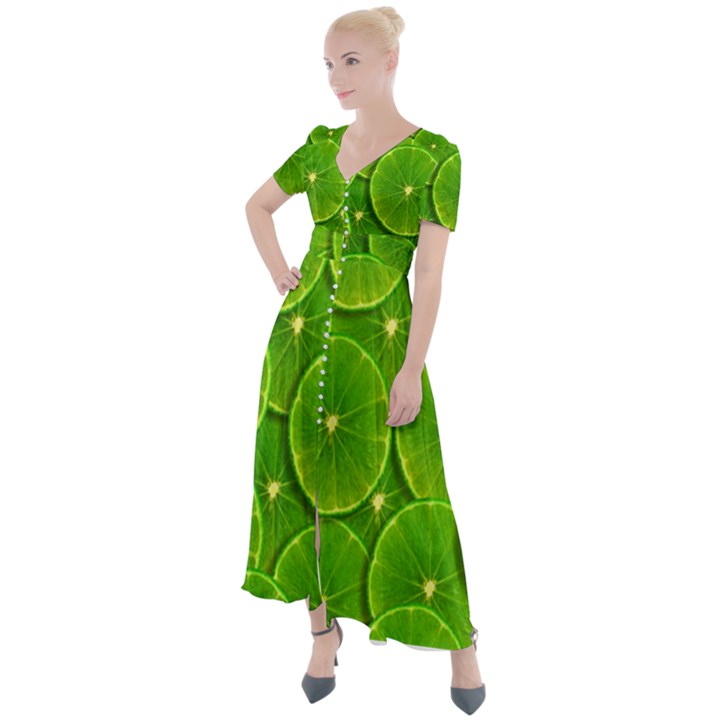 Lime Textures Macro, Tropical Fruits, Citrus Fruits, Green Lemon Texture Button Up Short Sleeve Maxi Dress