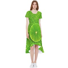 Lime Textures Macro, Tropical Fruits, Citrus Fruits, Green Lemon Texture High Low Boho Dress by nateshop