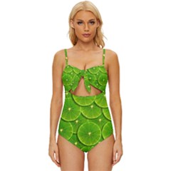 Lime Textures Macro, Tropical Fruits, Citrus Fruits, Green Lemon Texture Knot Front One-piece Swimsuit by nateshop