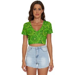 Lime Textures Macro, Tropical Fruits, Citrus Fruits, Green Lemon Texture V-neck Crop Top by nateshop