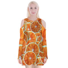 Oranges Patterns Tropical Fruits, Citrus Fruits Velvet Long Sleeve Shoulder Cutout Dress by nateshop