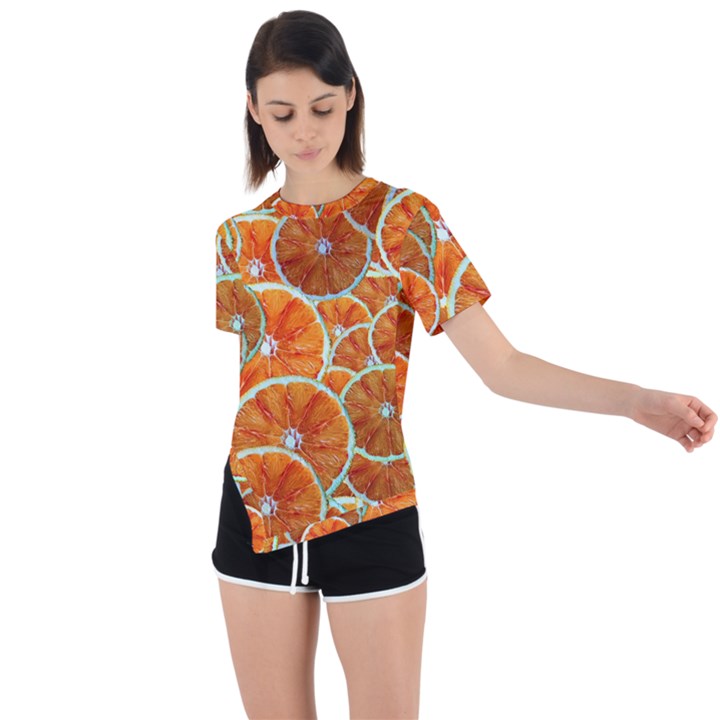 Oranges Patterns Tropical Fruits, Citrus Fruits Asymmetrical Short Sleeve Sports T-Shirt