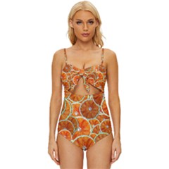 Oranges Patterns Tropical Fruits, Citrus Fruits Knot Front One-piece Swimsuit by nateshop