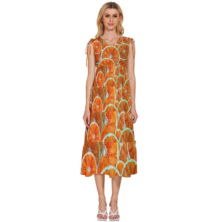 Oranges Patterns Tropical Fruits, Citrus Fruits V-Neck Drawstring Shoulder Sleeveless Maxi Dress