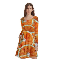 Oranges Patterns Tropical Fruits, Citrus Fruits Long Sleeve Knee Length Skater Dress With Pockets by nateshop